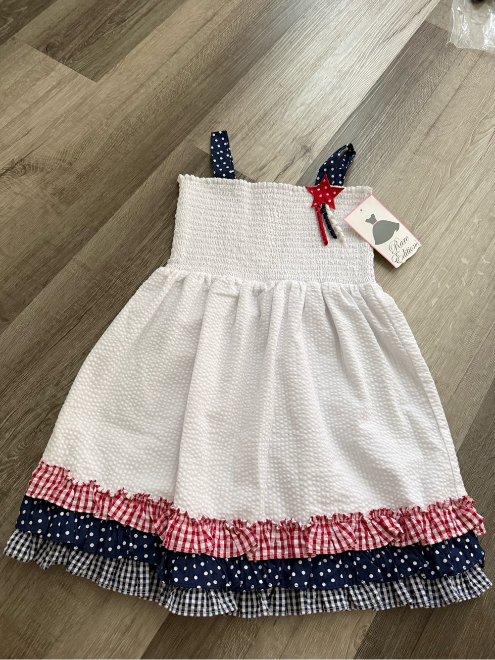Rare Editions White Sundress with Navy Polka Dot Straps & Red Gingham Trim